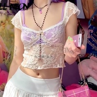 Cute Transparent Lace Mesh Sweet Crop Top Short Sleeve Shirt Tee T-shirt E-Girl Kawaii Korean Japanese Harajuku Chinese Retro Streetwear Aesthetic - Thumbnail 1