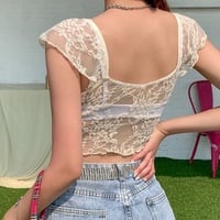 Cute Transparent Lace Mesh Sweet Crop Top Short Sleeve Shirt Tee T-shirt E-Girl Kawaii Korean Japanese Harajuku Chinese Retro Streetwear Aesthetic - Thumbnail 6