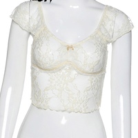 Cute Transparent Lace Mesh Sweet Crop Top Short Sleeve Shirt Tee T-shirt E-Girl Kawaii Korean Japanese Harajuku Chinese Retro Streetwear Aesthetic - Thumbnail 7