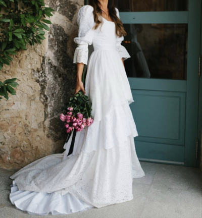 Vintage A-Line Square Neck Long Sleeves Floral Satin Wedding Dresses