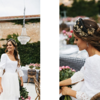 Vintage A-Line Square Neck Long Sleeves Floral Satin Wedding Dresses - Thumbnail 4