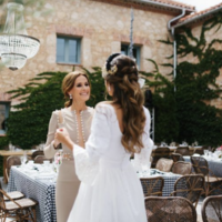 Vintage A-Line Square Neck Long Sleeves Floral Satin Wedding Dresses - Thumbnail 3