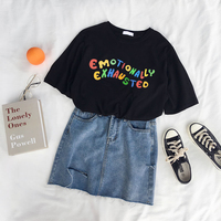 Cute Emotionally Exhausted Rainbow Colorful Short Sleeve Shirt Tee T-shirt E-Girl Kawaii Korean Japanese Harajuku Chinese Retro Streetwear Aesthetic - Thumbnail 2