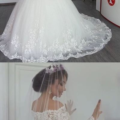 Ball gown off the shoulder long sleeves white tull lace wedding dresses - Thumbnail 4