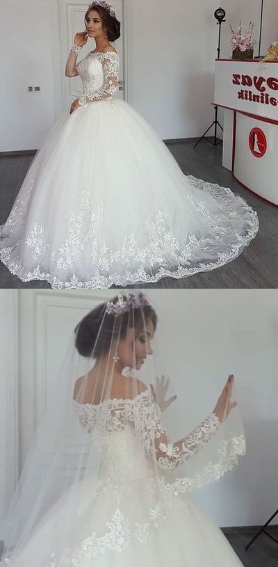 Ball Gown Off the Shoulder Long Sleeves White Tull Lace Wedding Dresses