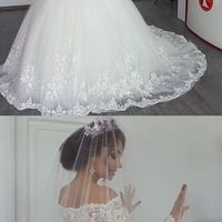 Ball Gown Off the Shoulder Long Sleeves White Tull Lace Wedding Dresses - Thumbnail 1