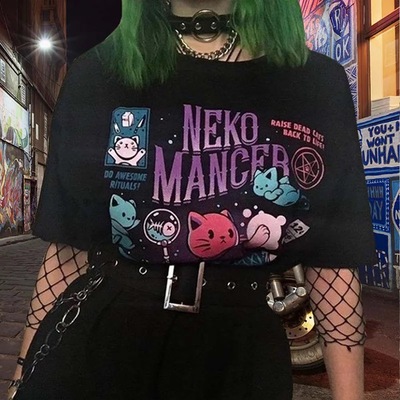 Cute cat kitten neko cartoon print goth funny short sleeve shirt tee t-shirt e-girl kawaii korean japanese harajuku chinese retro streetwear aesthetic - Thumbnail 5