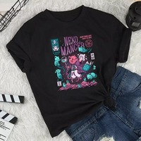 Cute Cat Kitten Neko Cartoon Print Goth Funny Short Sleeve Shirt Tee T-shirt E-Girl Kawaii Korean Japanese Harajuku Chinese Retro Streetwear Aesthetic - Thumbnail 1