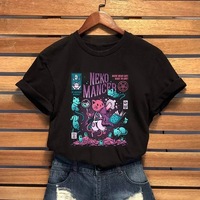 Cute Cat Kitten Neko Cartoon Print Goth Funny Short Sleeve Shirt Tee T-shirt E-Girl Kawaii Korean Japanese Harajuku Chinese Retro Streetwear Aesthetic - Thumbnail 3