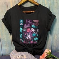 Cute Cat Kitten Neko Cartoon Print Goth Funny Short Sleeve Shirt Tee T-shirt E-Girl Kawaii Korean Japanese Harajuku Chinese Retro Streetwear Aesthetic - Thumbnail 5