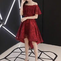 Burgundy high low prom dress homecoming dress - Thumbnail 1