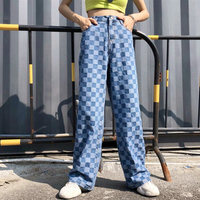 Blue Checker Wide-leg Denim Pants - Thumbnail 3