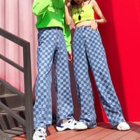 Blue Checker Wide-leg Denim Pants - Thumbnail 4