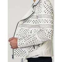 Handmade Mens Punk Style White Sliver Studded Brando Biker Leather Jacket - Thumbnail 1