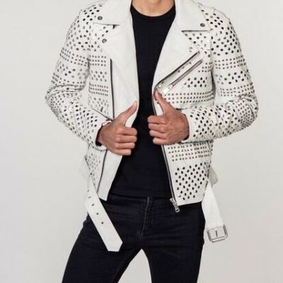 Handmade mens punk style white sliver studded brando biker leather jacket - Thumbnail 1