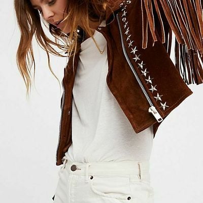 Handmade brown fringe stud jacket for women, women studded suede biker jacket