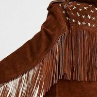 Handmade Brown Fringe Stud Jacket for women, Women studded Suede biker Jacket - Thumbnail 2
