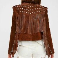 Handmade Brown Fringe Stud Jacket for women, Women studded Suede biker Jacket - Thumbnail 1