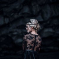 Black lace deep v-neck wedding dress with long sleeve scalloped bodice,581 - Thumbnail 3