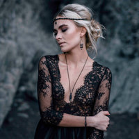 Black lace deep v-neck wedding dress with long sleeve scalloped bodice,581 - Thumbnail 2