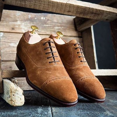 Handmade Camel Colour Suede Plain Cap Toe Dress Lace Up Oxford Shoes For Men's