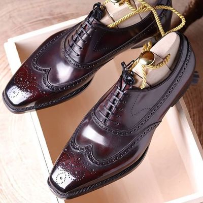 Handmade Ox Blood Colour Wing Tip Brogues Leather Lace Up Dress Shoes For Men's