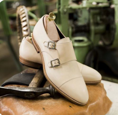 New White Double Monk Strap Formal Dress Handmade Shoes For Men’s, Leather Shoes, Business Dress Shoes