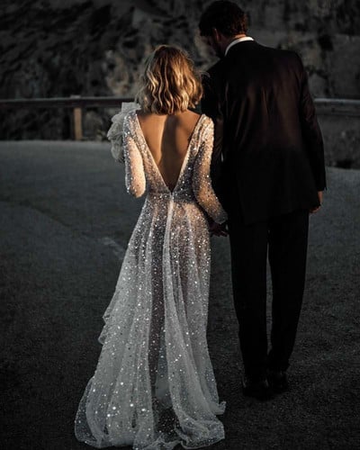 Sparkle Sexy Wedding Dress, Deep V-neck Wedding Dress, Backless Wedding Gown bridal Dress,583