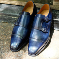 Handmade Blue Patina Double Monk Leather Shoes For Men - Thumbnail 4