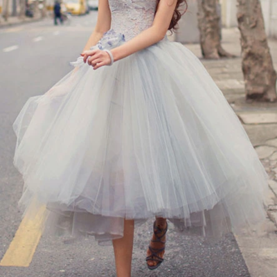 Princess a line strapless grey tea length homecoming dress - Thumbnail 4