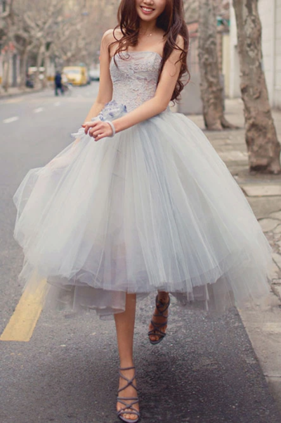 Princess A Line Strapless Grey Tea Length Homecoming Dress