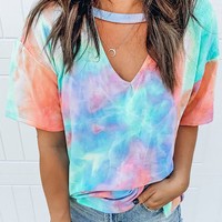 Casual Printed V-Neck Short-Sleeved T-Shirt Top - Thumbnail 1