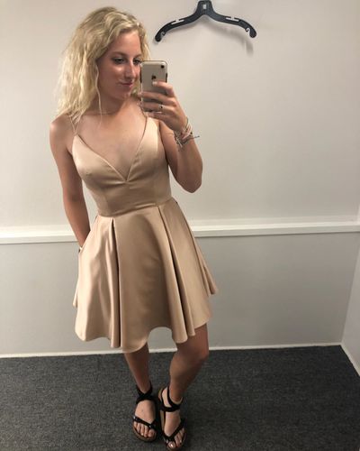Cute V Neck Spaghetti Straps Champagne Satin Homecoming Dresses, Short Prom Dresses
