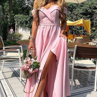 Exquisite a-line off the shoulder pink satin long prom evening dresses with split - Thumbnail 5
