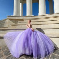Marvelous A-Line V Neck Lilac Tulle Long Prom Evening Dresses with Beading - Thumbnail 2