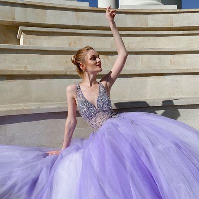 Marvelous a-line v neck lilac tulle long prom evening dresses with beading - Thumbnail 5