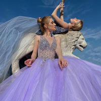 Marvelous A-Line V Neck Lilac Tulle Long Prom Evening Dresses with Beading - Thumbnail 4