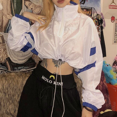 Stand collar color block drawstring zip up top