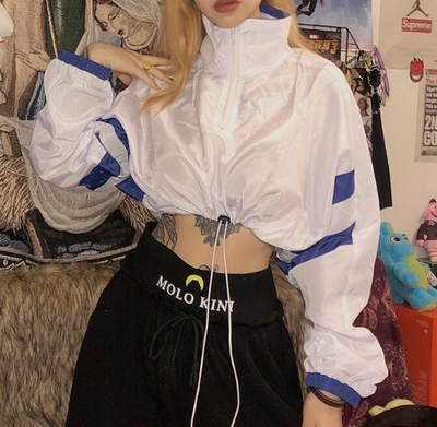 Stand Collar Color Block Drawstring Zip up Top