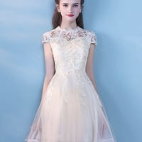 Champagne tulle lace short prom dress party dress - Thumbnail 1