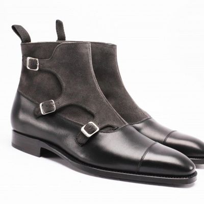 Handmade ankle black triple monk cap toe boot, leather suede boot for men's - Thumbnail 2
