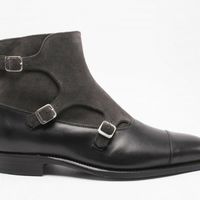 Handmade Ankle Black Triple Monk Cap Toe Boot, Leather Suede Boot For Men's - Thumbnail 1