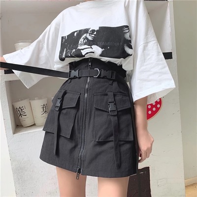 Cute Goth Punk High Waist Belt Skirt E-Girl Kawaii Korean Japanese Harajuku Chinese Retro Streetwear Aesthetic