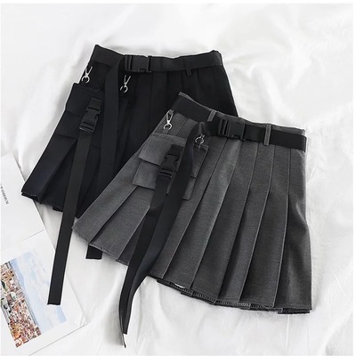 Cute Black Safari Kpop High Waisted Pleated Mini Skirt Goth Punk E-Girl Kawaii Korean Japanese Harajuku Chinese Retro Streetwear Aesthetic