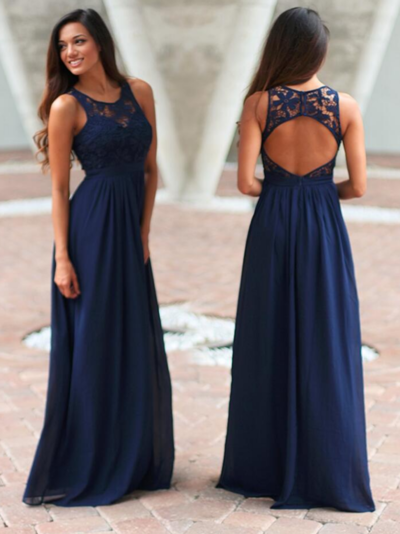 Discount Navy Blue Chiffon Elegant Bridesmaid Dresses with Lace