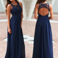 Discount Navy Blue Chiffon Elegant Bridesmaid Dresses with Lace - Thumbnail 1