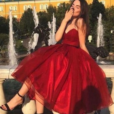 Burgundy tea length homecoming dresses prom dress - Thumbnail 4