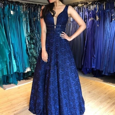 Elegant a-line v-neck beading navy blue floral lace backless long prom dress,formal evening party gowns - Thumbnail 4