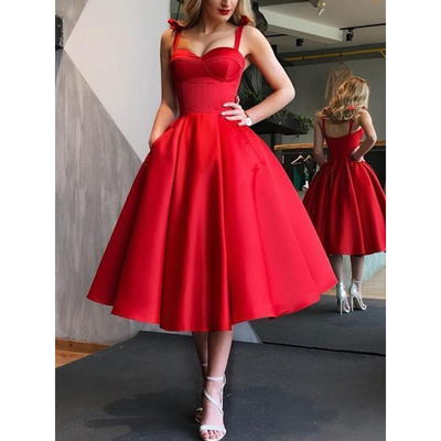 Vintage A-Line Sweetheart Open Back Red Satin Below Knee Length Prom Dresses with Pockets,1950s Vintage Dresses