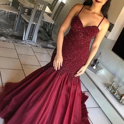 Sexy mermaid spaghetti straps beads lace burgundy mermaid prom dress - Thumbnail 5